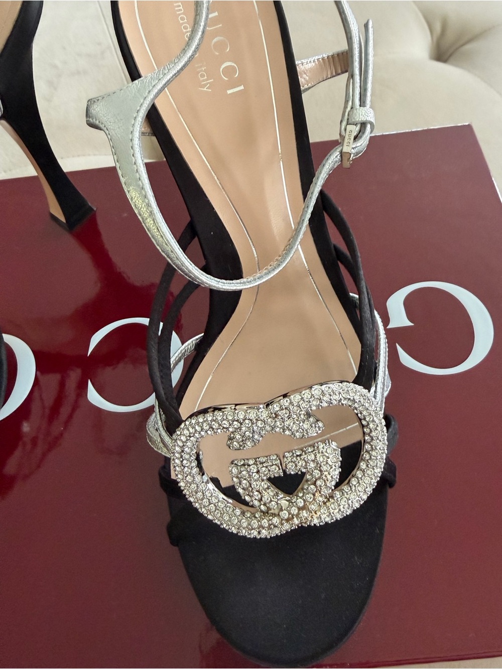 Gucci Black Satin Crystal Double G Ankle-Strap Sandals with Silver Straps - Picture 8 of 8